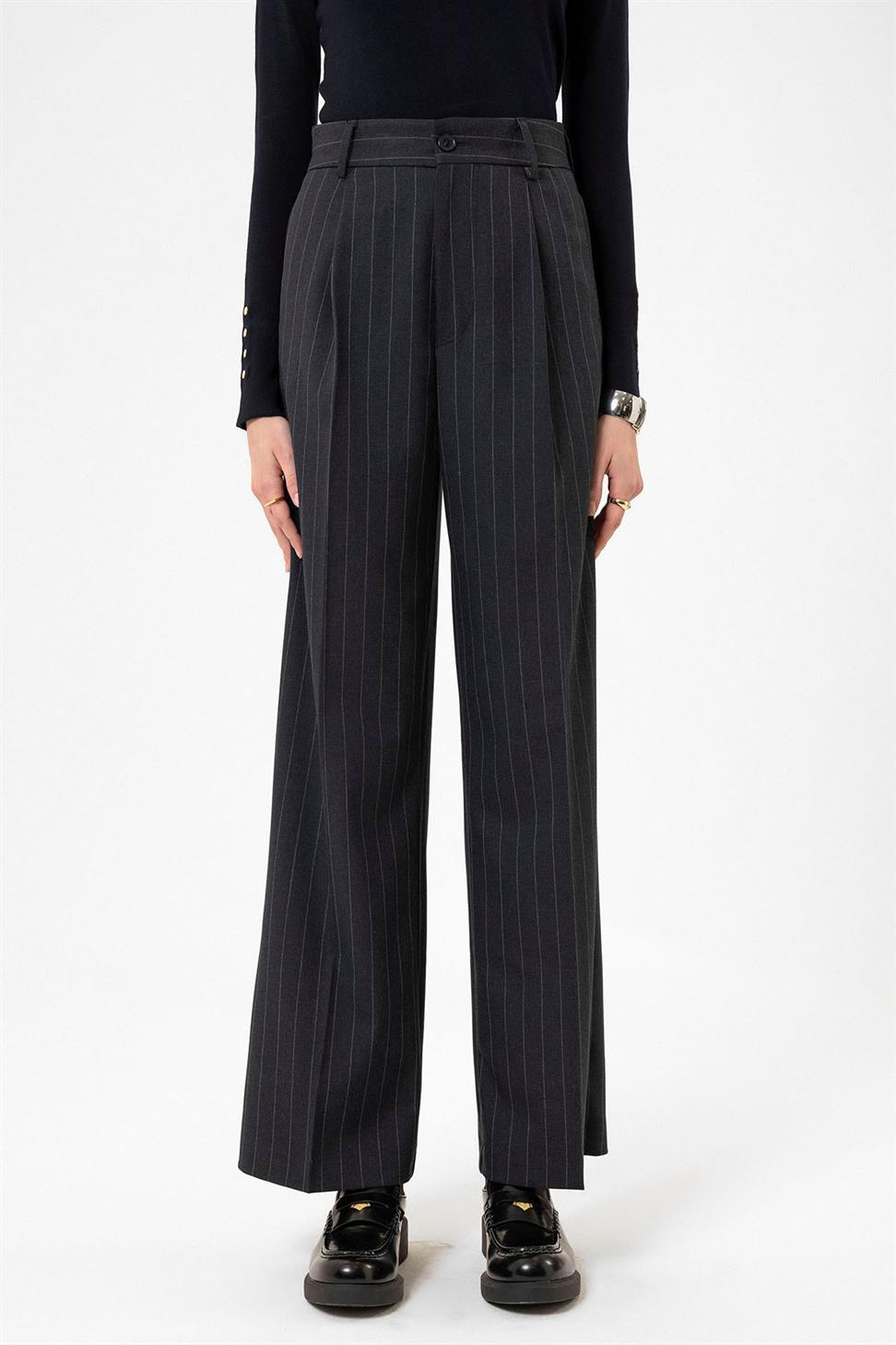 Antioch Lacivert Kadın Yüksek Bel Pileli Çizgili Pantolon