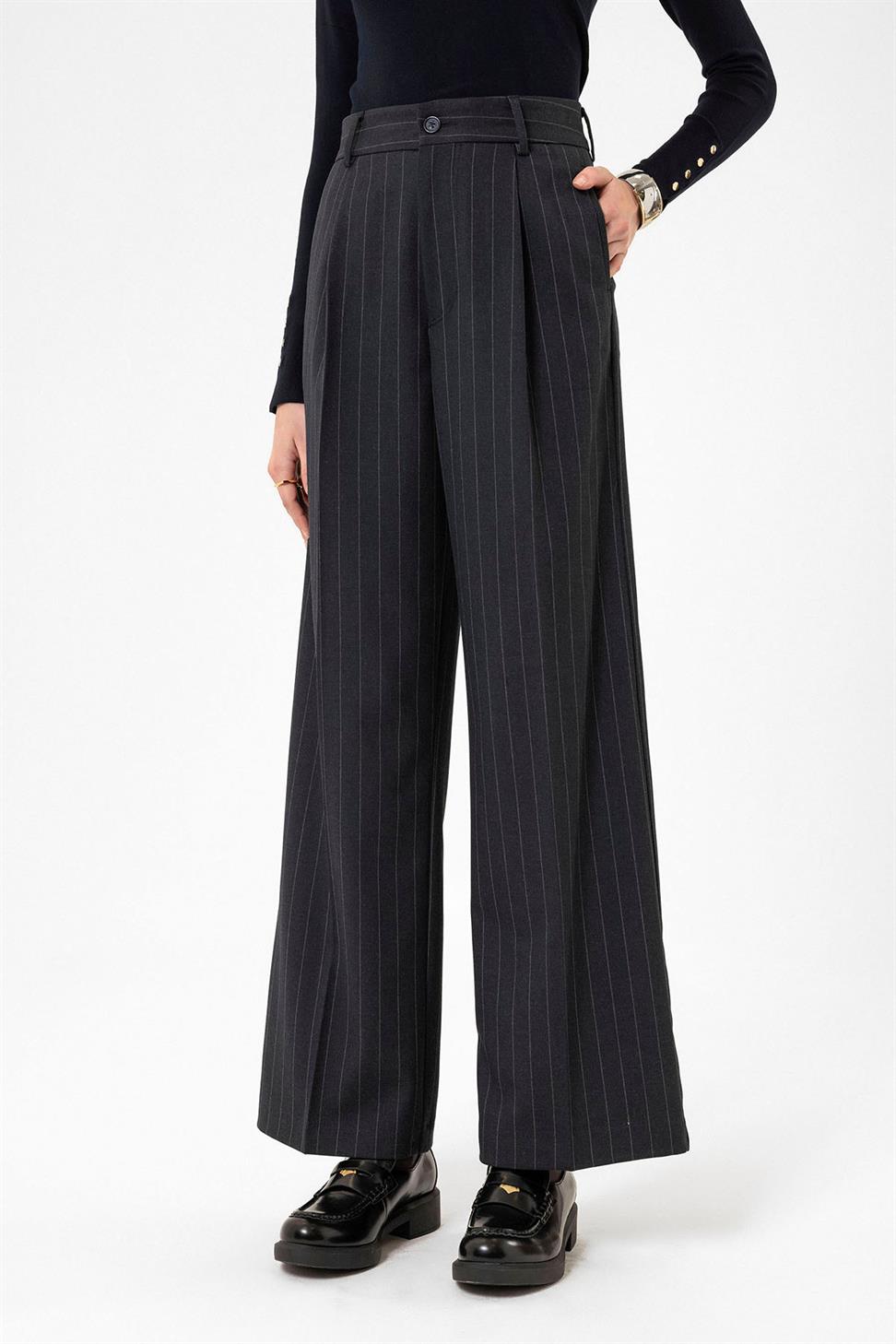 Antioch Lacivert Kadın Yüksek Bel Pileli Çizgili Pantolon