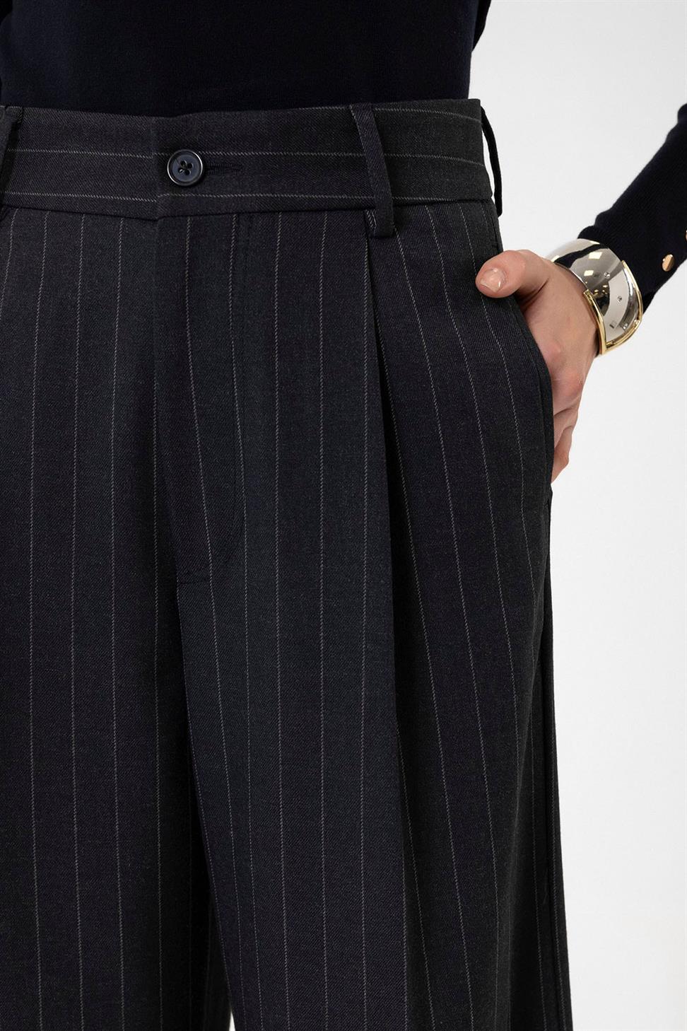 Antioch Lacivert Kadın Yüksek Bel Pileli Çizgili Pantolon