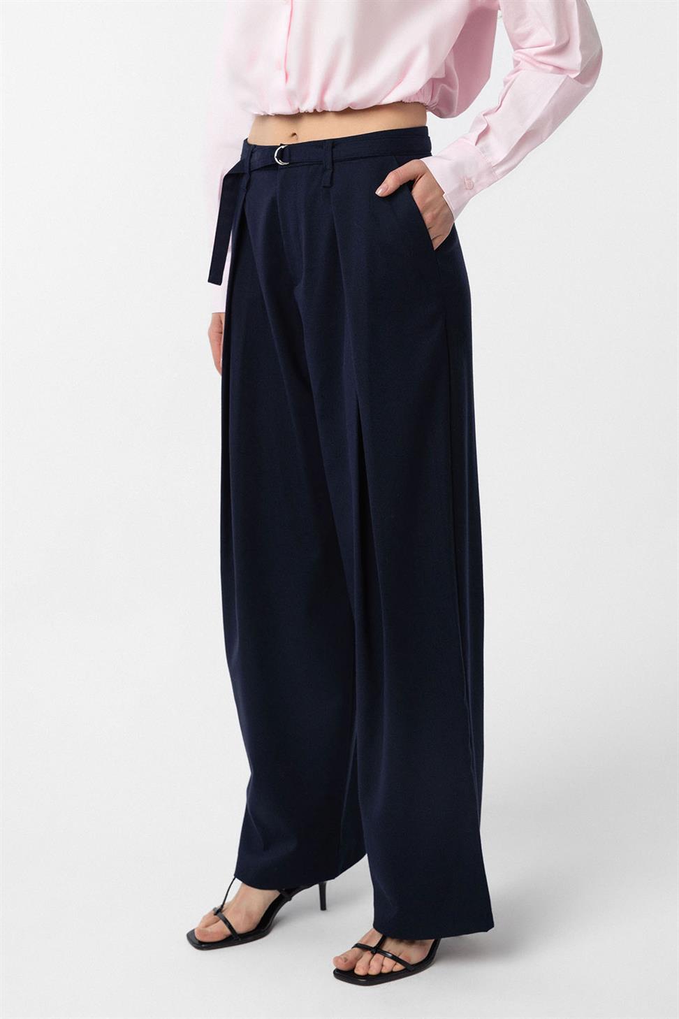 Antioch Lacivert Kemerli Pilili Kadın Pantolon