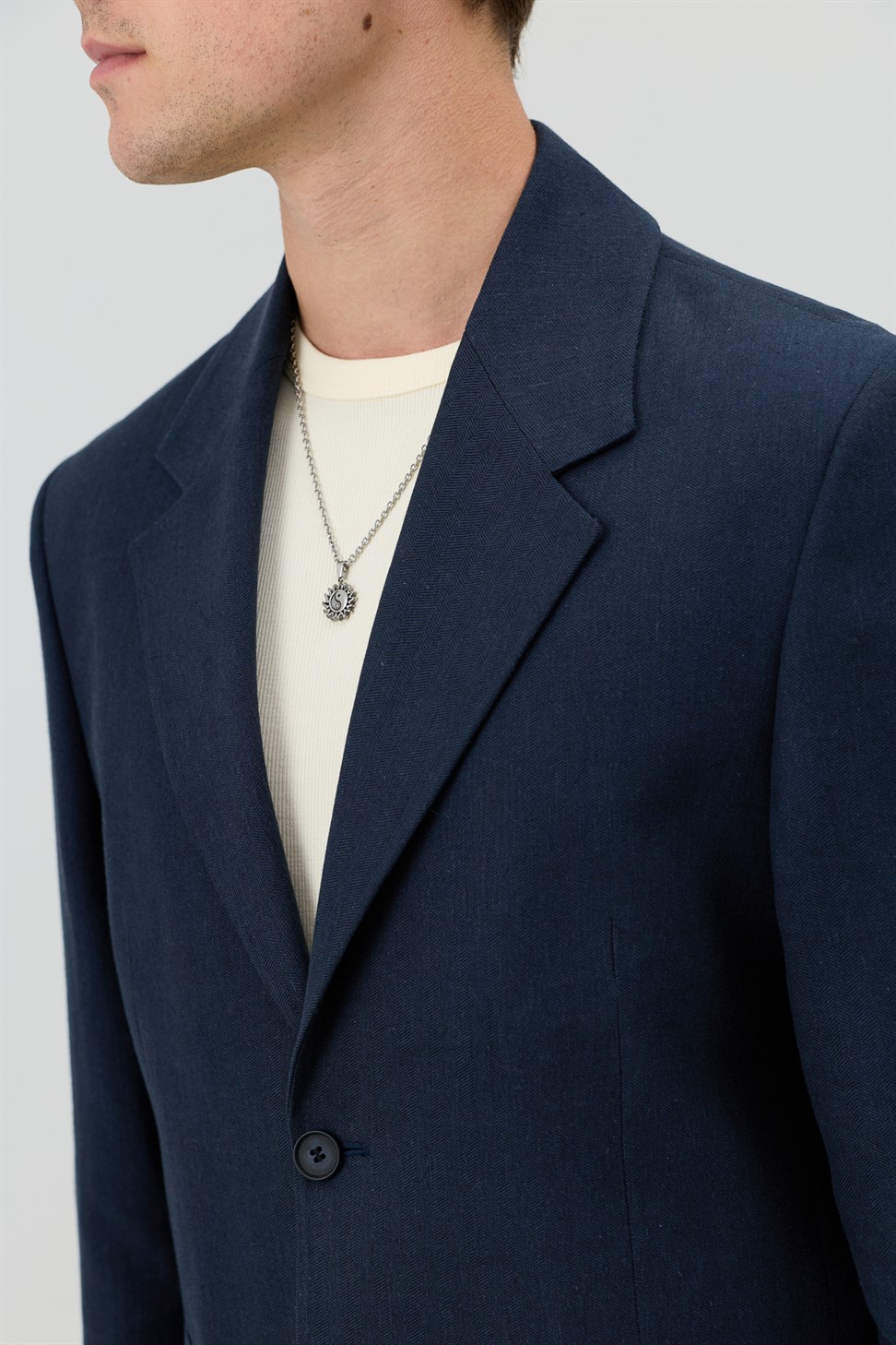Antioch Lacivert Keten Karışımlı Balıksırtı Desenli Erkek Blazer Ceket