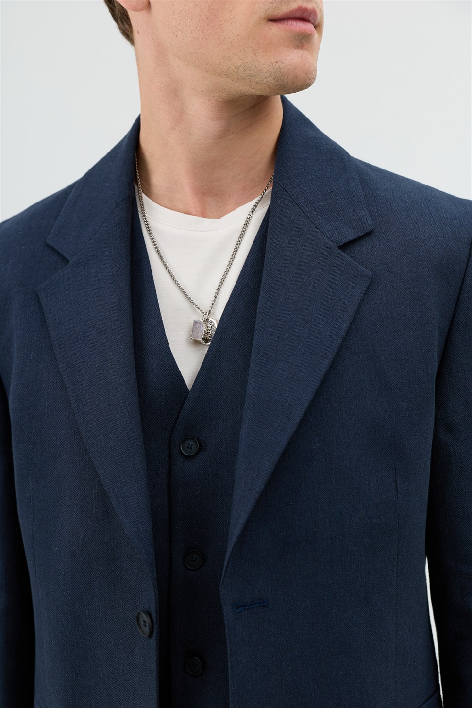 Antioch Lacivert Keten Karışımlı Balıksırtı Desenli Erkek Blazer Ceket
