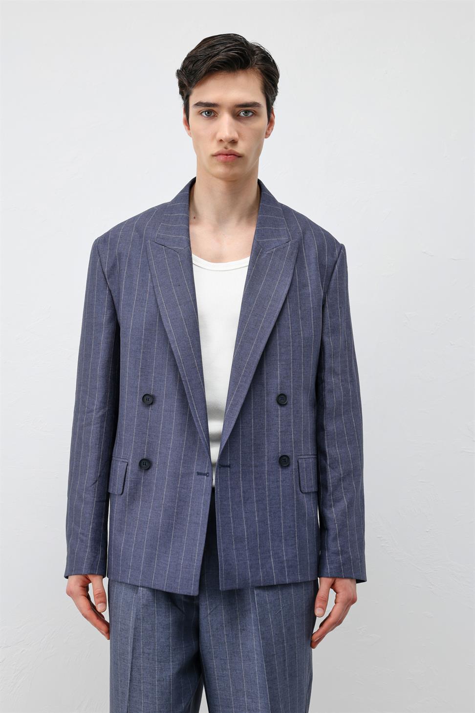 Mens Striped Blazer Jacket with Linen Blend