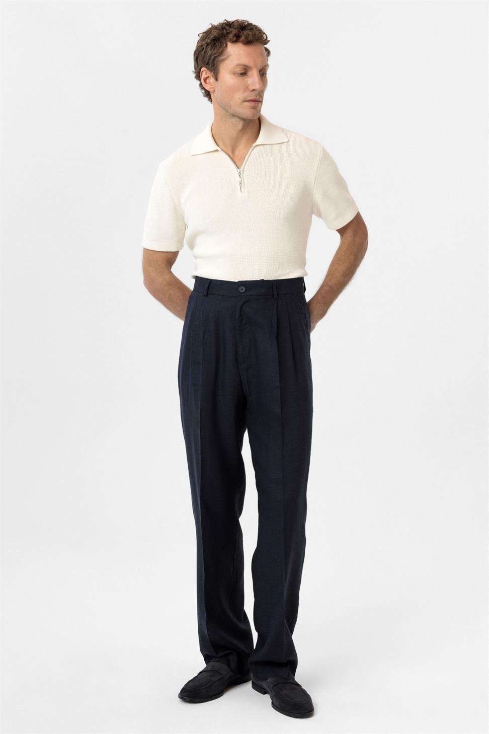 Antioch Lacivert Keten Karışımlı Erkek Baggy Pantolon