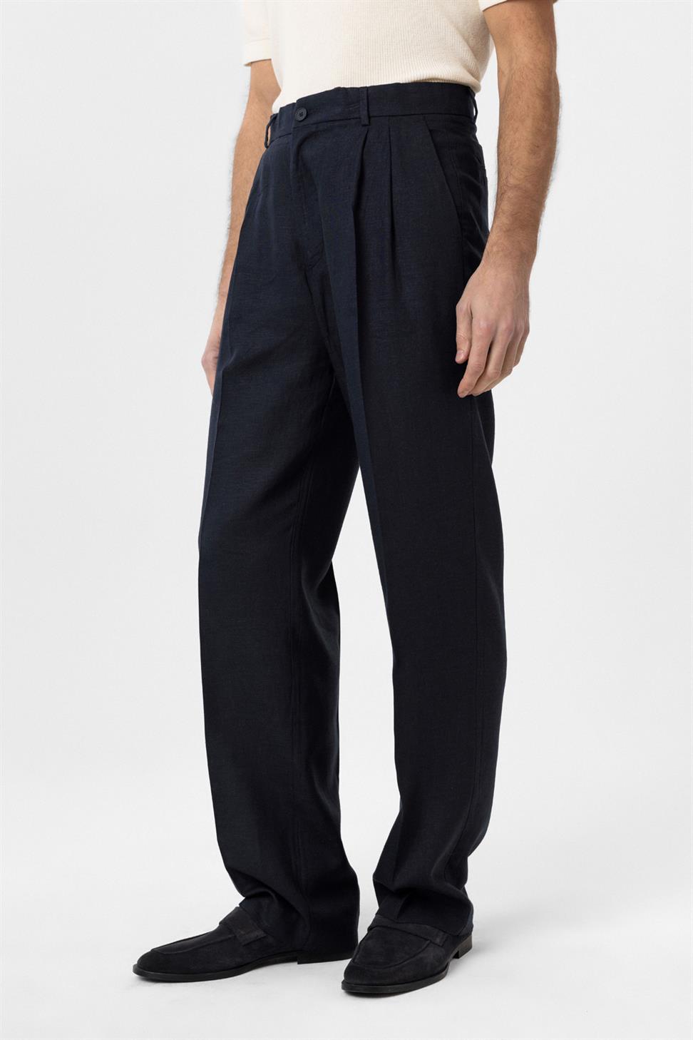 Antioch Lacivert Keten Karışımlı Erkek Baggy Pantolon