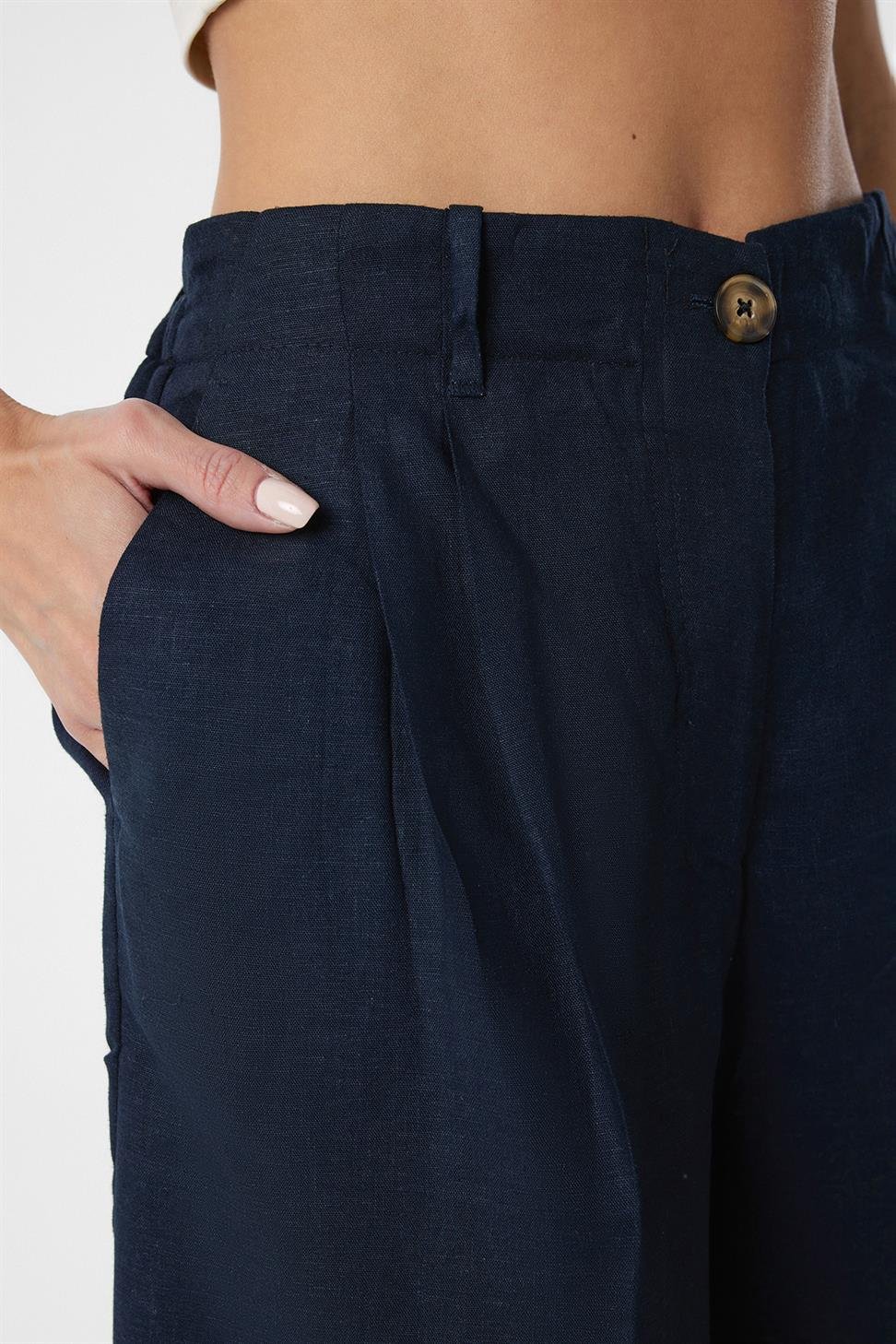 Antioch Lacivert Keten Karışımlı Kadın Bermuda