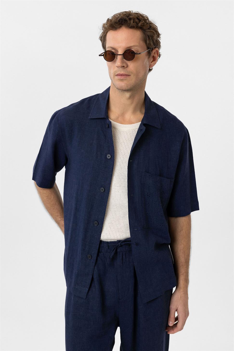 Antioch Lacivert Keten Karışımlı Kısa Kollu Erkek Gömlek