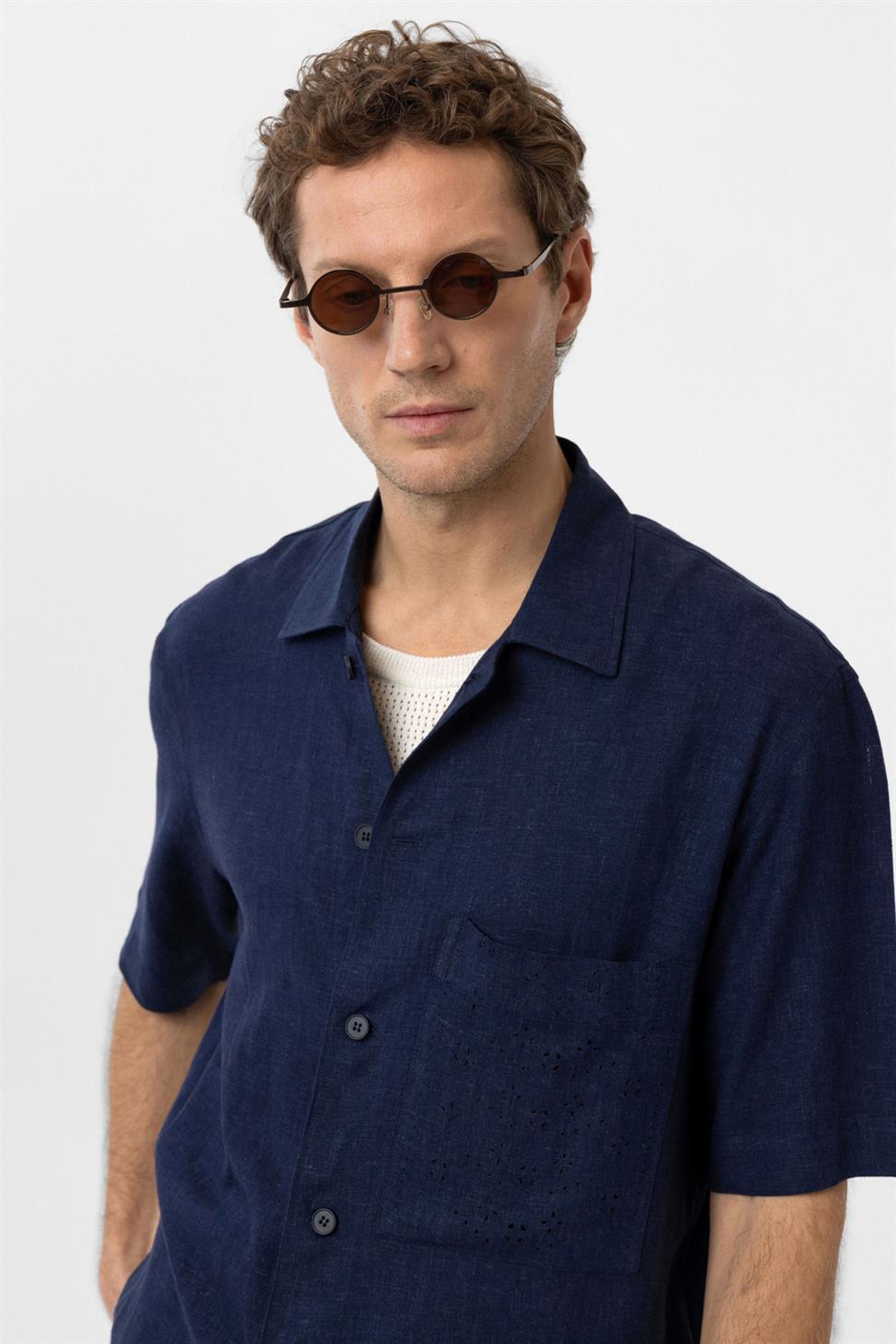 Antioch Lacivert Keten Karışımlı Kısa Kollu Erkek Gömlek