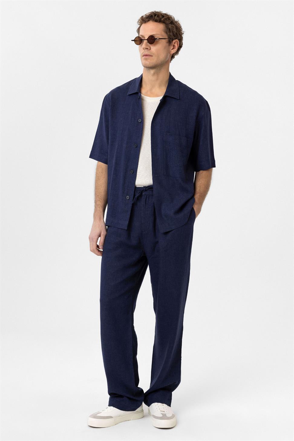 Antioch Lacivert Keten Karışımlı Kısa Kollu Erkek Gömlek