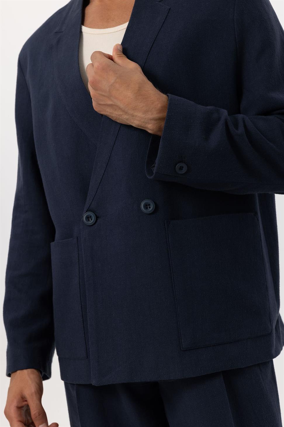 Mens Linen Blend Double-breasted Buttoned Blazer Jacket