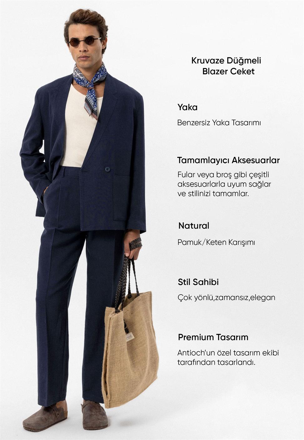 Mens Linen Blend Double-breasted Buttoned Blazer Jacket