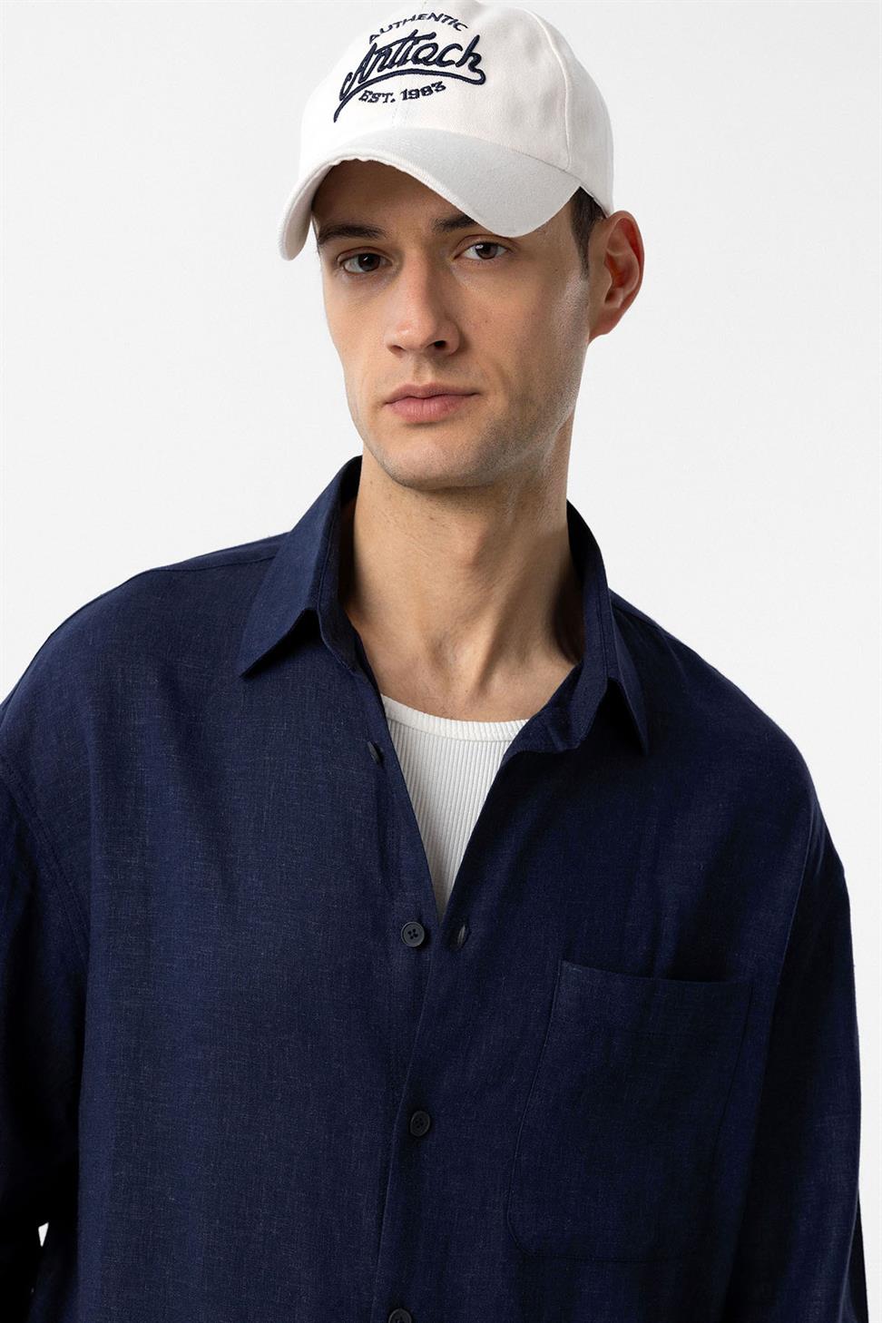 Antioch Lacivert Keten Karışımlı Relax Fit Erkek Gömlek