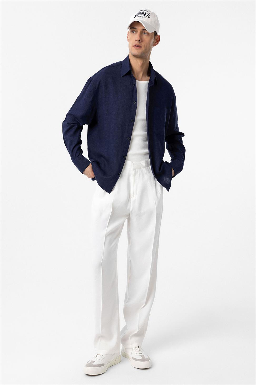 Antioch Lacivert Keten Karışımlı Relax Fit Erkek Gömlek