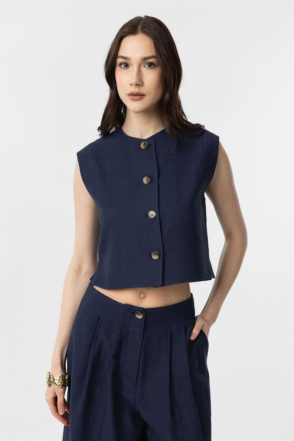 Antioch Lacivert Keten Karışımlı Relax Fit Kadın Yelek