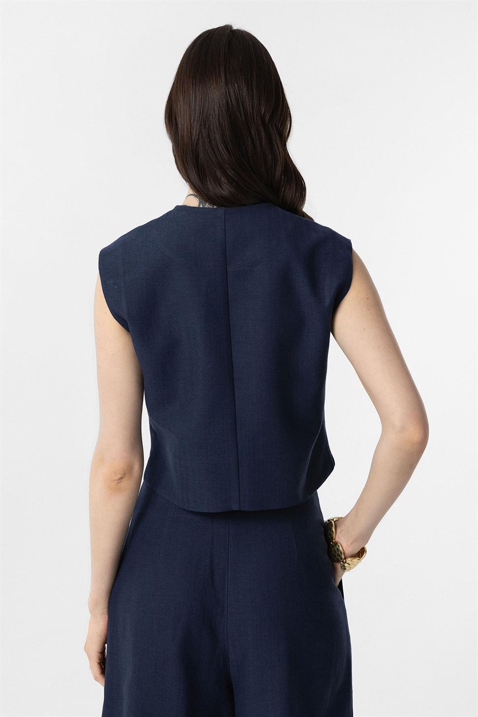 Antioch Lacivert Keten Karışımlı Relax Fit Kadın Yelek