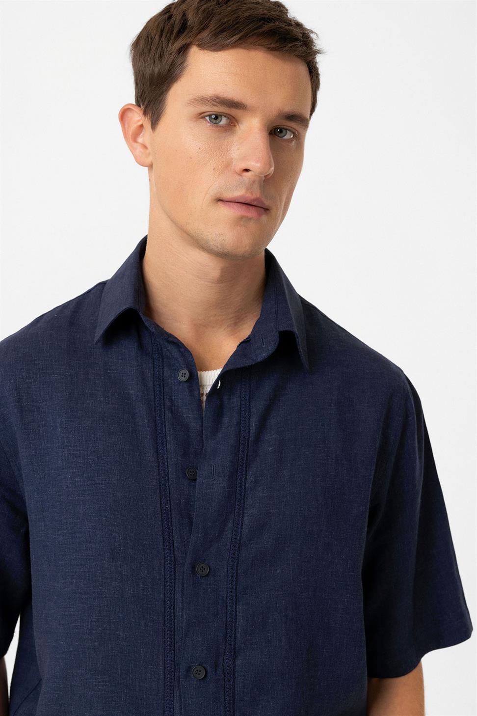 Antioch Lacivert Keten Karışımlı Relaxed Erkek Gömlek