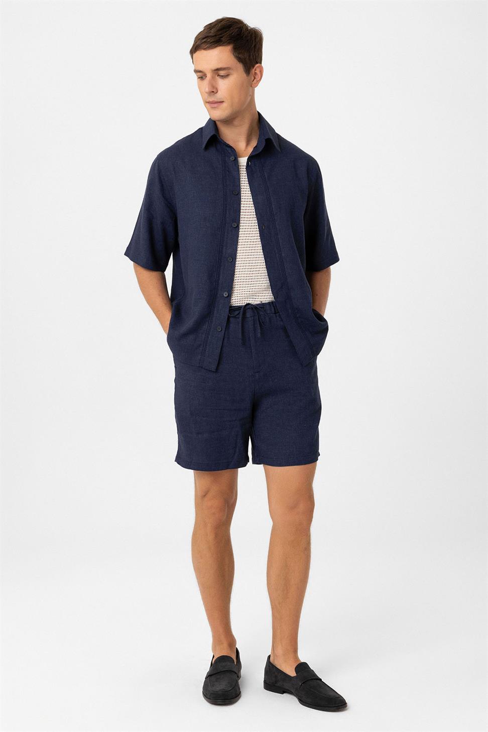 Antioch Lacivert Keten Karışımlı Relaxed Erkek Gömlek