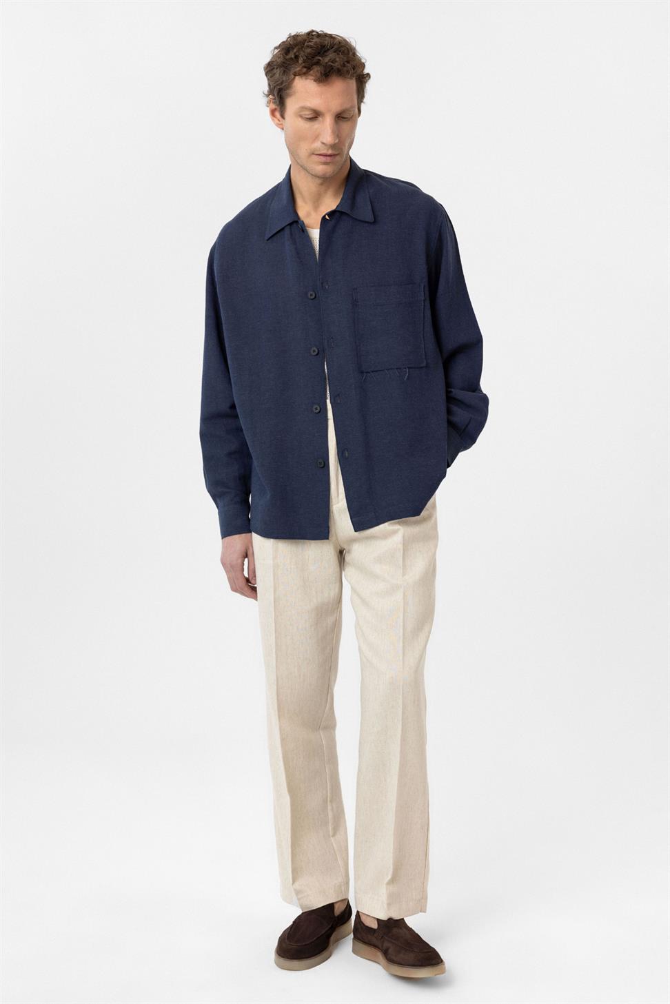 Antioch Lacivert Keten Karışımlı Relaxed Erkek Gömlek
