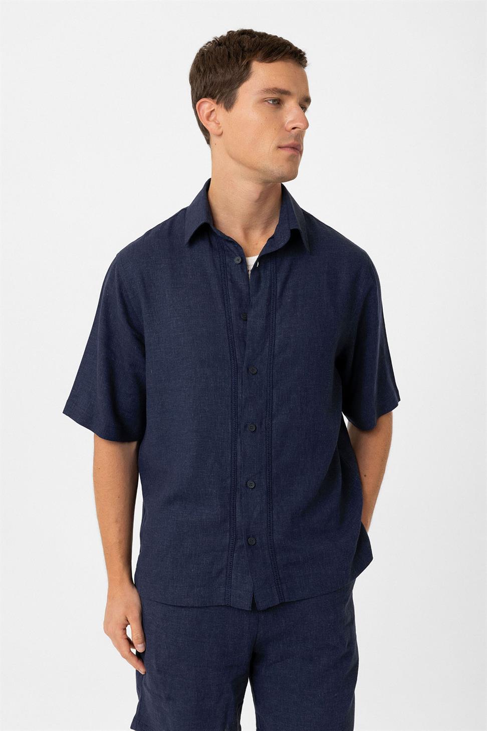 Antioch Lacivert Keten Karışımlı Relaxed Erkek Gömlek