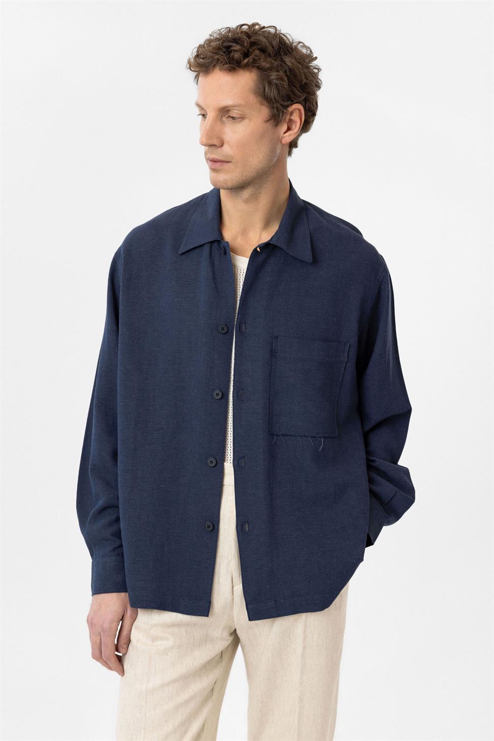 Antioch Lacivert Keten Karışımlı Relaxed Erkek Gömlek