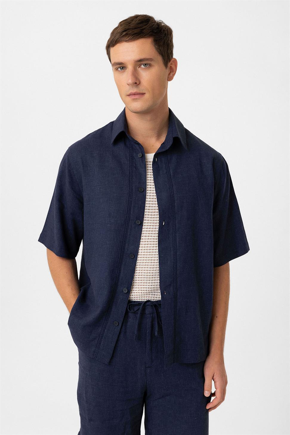 Antioch Lacivert Keten Karışımlı Relaxed Erkek Gömlek
