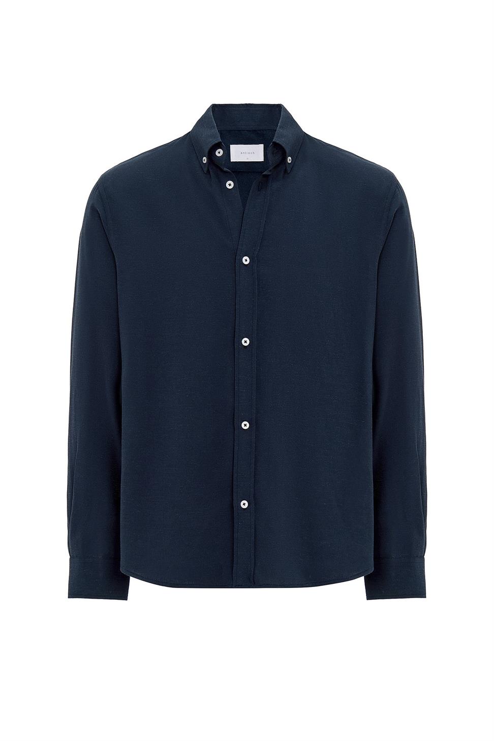 Antioch Lacivert Keten Karışımlı Yaka Düğmeli Erkek Gömlek
