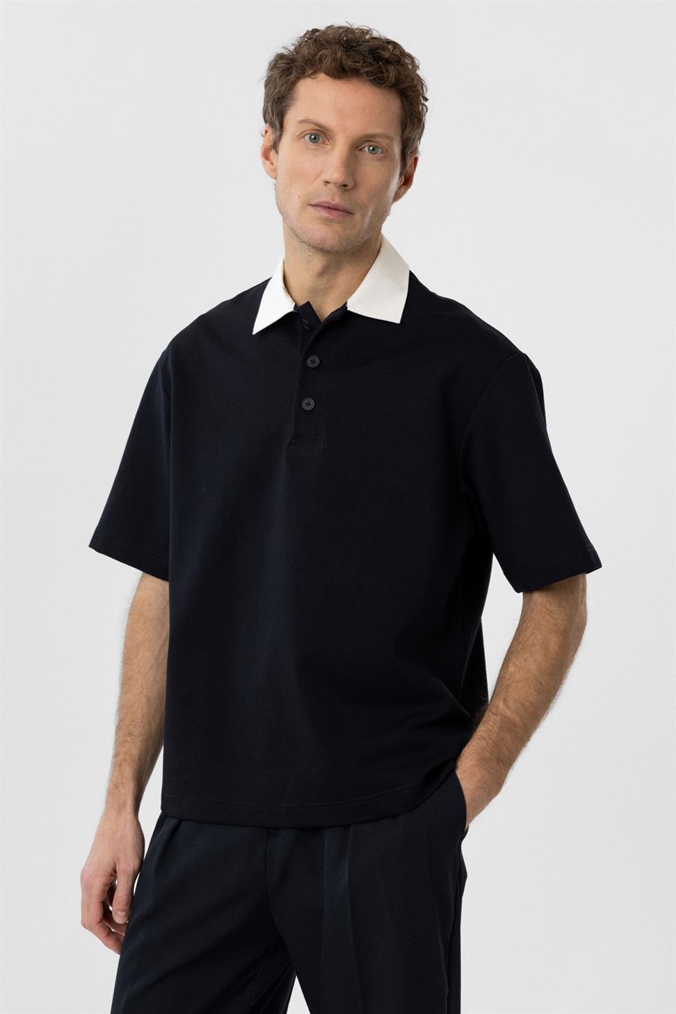 Antioch Lacivert Kontrast Yaka İnterlok Dokulu Erkek T-Shirt