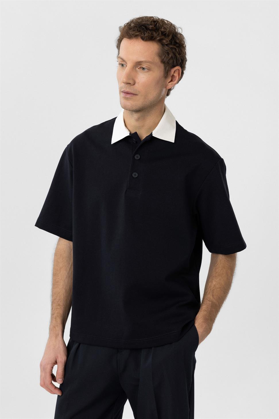 Antioch Lacivert Kontrast Yaka İnterlok Dokulu Erkek T-Shirt