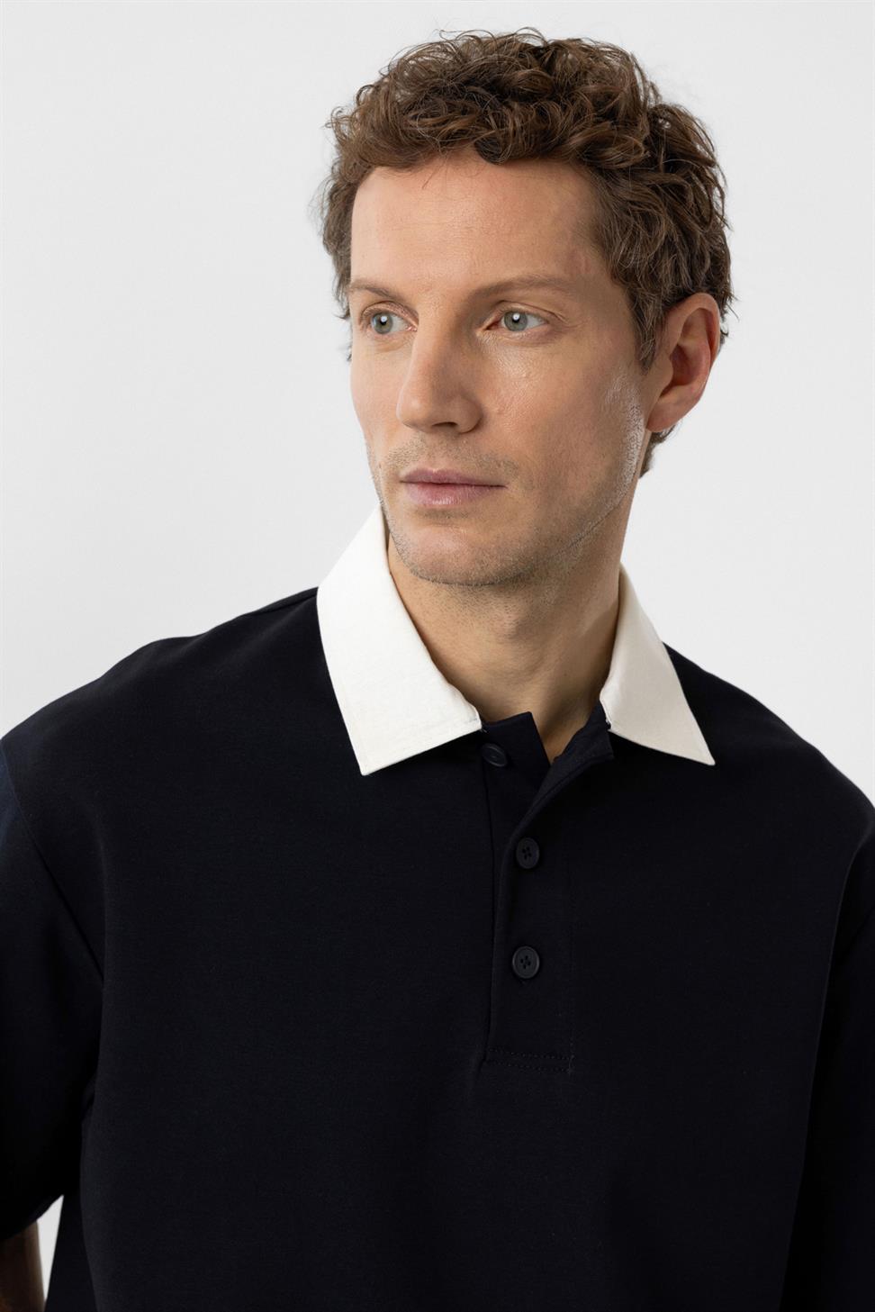 Antioch Lacivert Kontrast Yaka İnterlok Dokulu Erkek T-Shirt