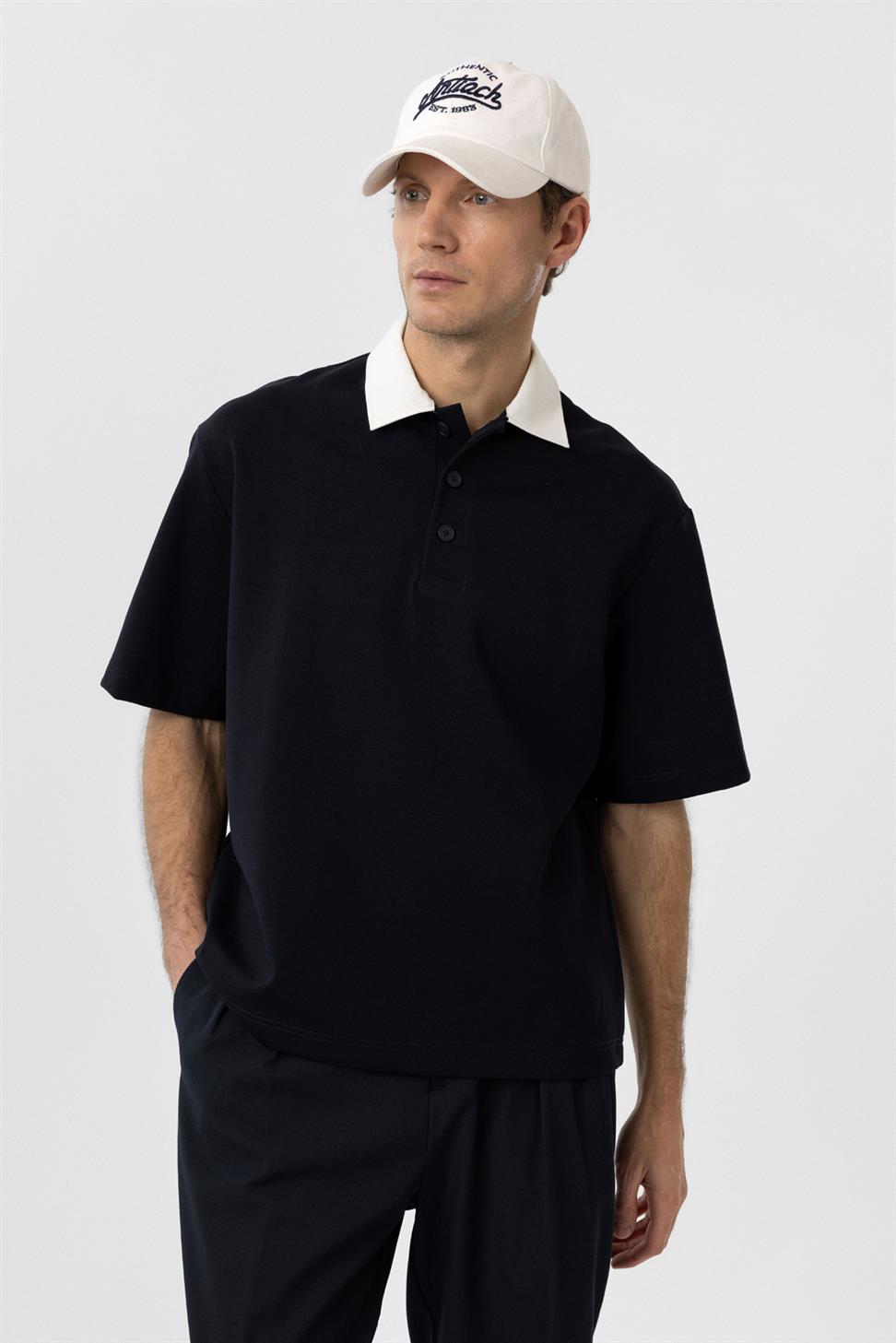 Antioch Lacivert Kontrast Yaka İnterlok Dokulu Erkek T-Shirt