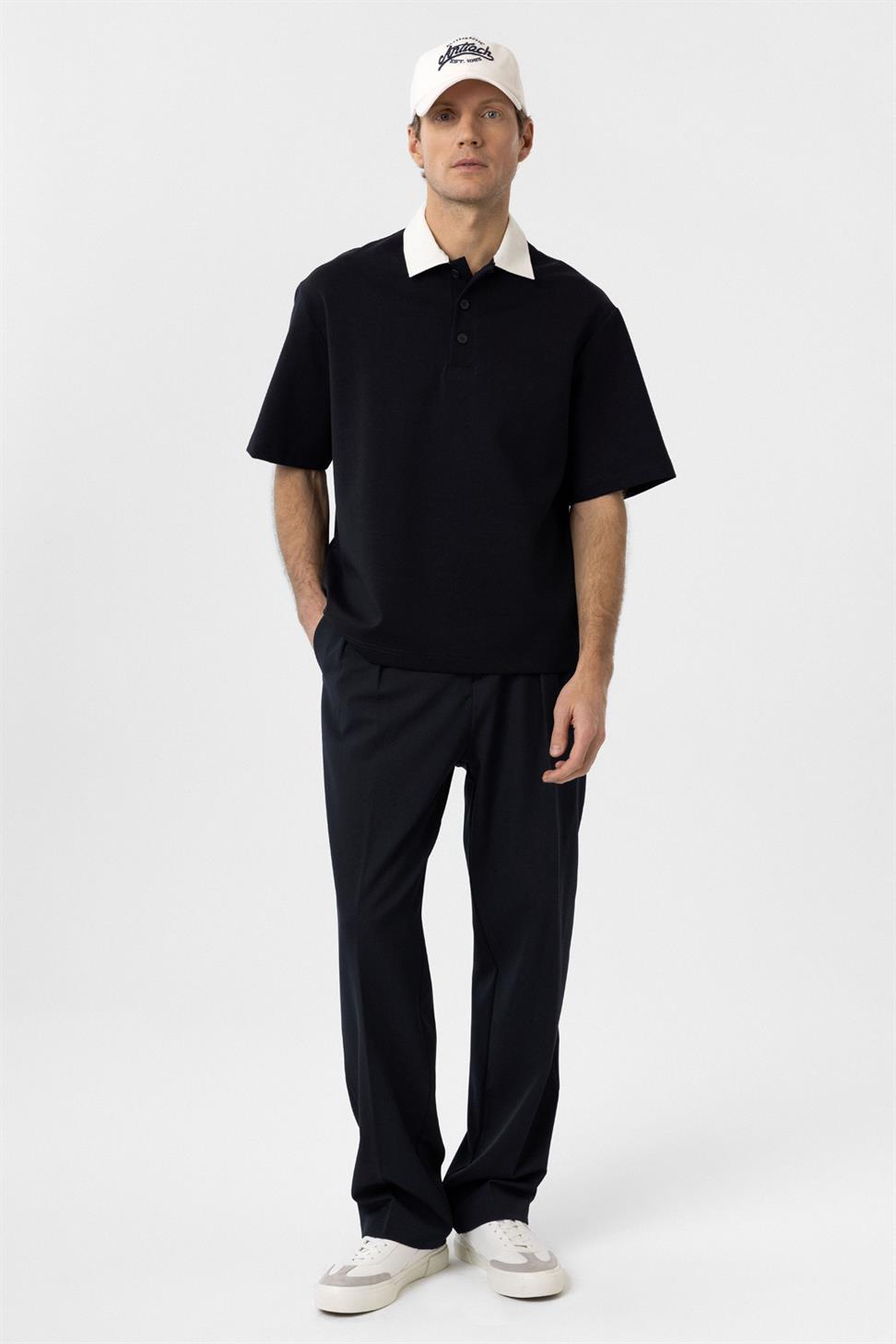 Antioch Lacivert Kontrast Yaka İnterlok Dokulu Erkek T-Shirt