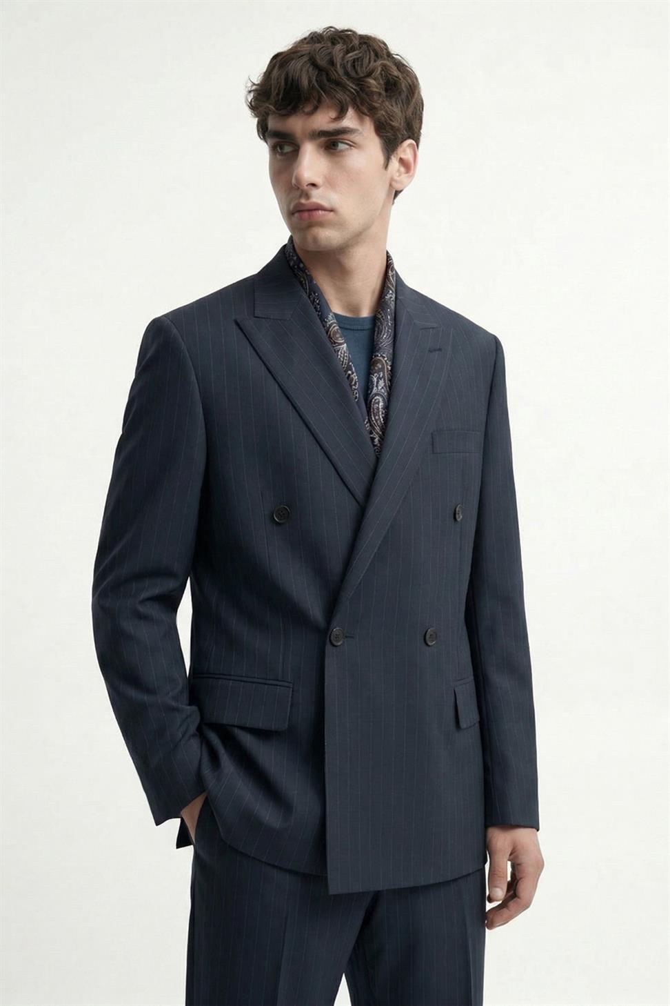 Antioch Lacivert Kruvaze Çizgili Erkek Takım Elbise