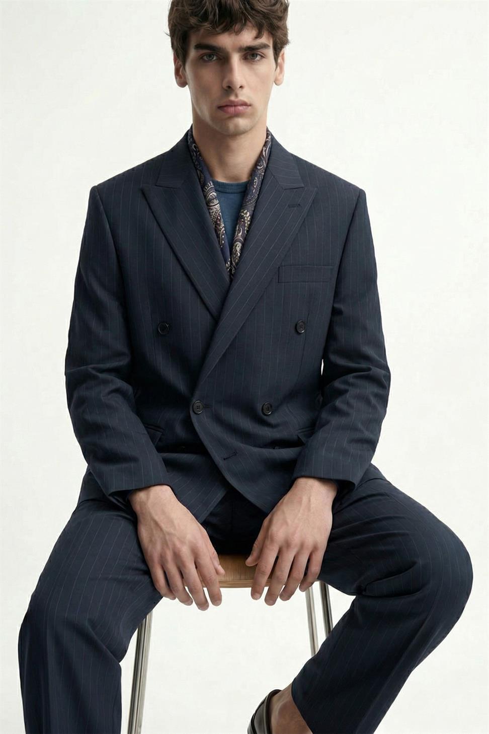 Antioch Lacivert Kruvaze Çizgili Erkek Takım Elbise