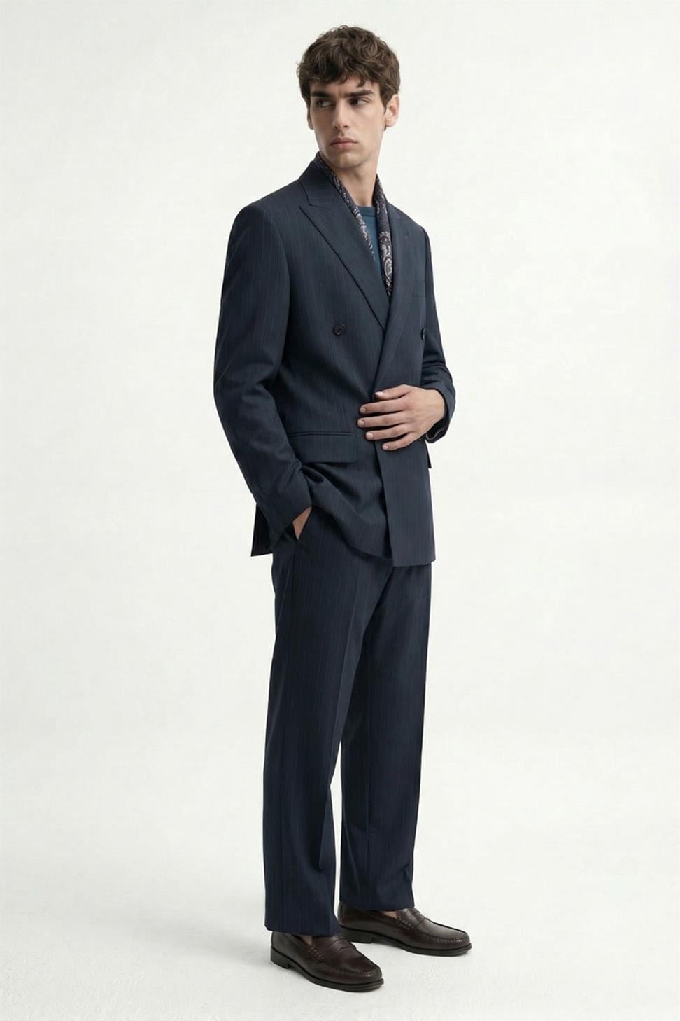 Antioch Lacivert Kruvaze Çizgili Erkek Takım Elbise