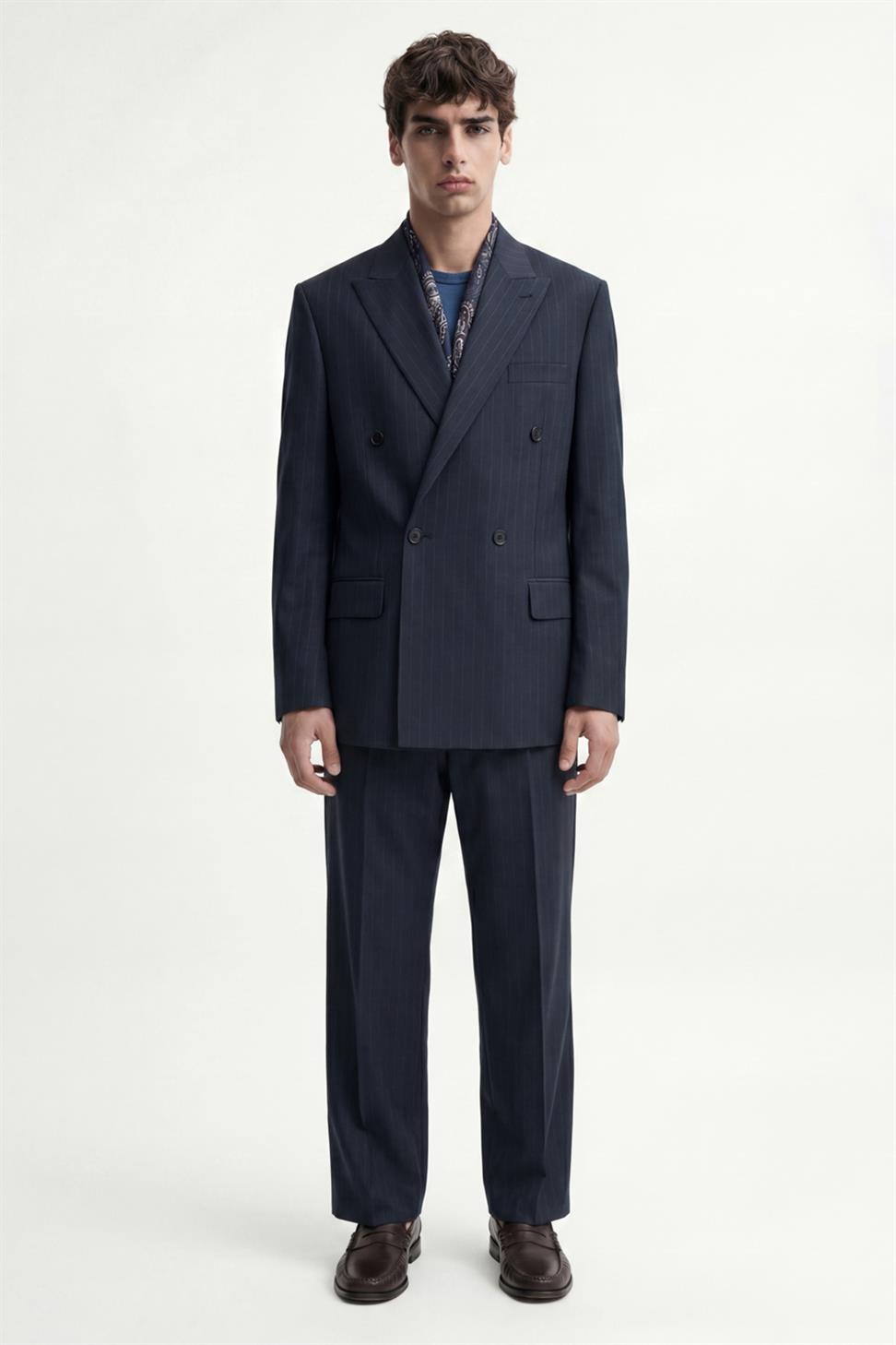 Antioch Lacivert Kruvaze Çizgili Erkek Takım Elbise