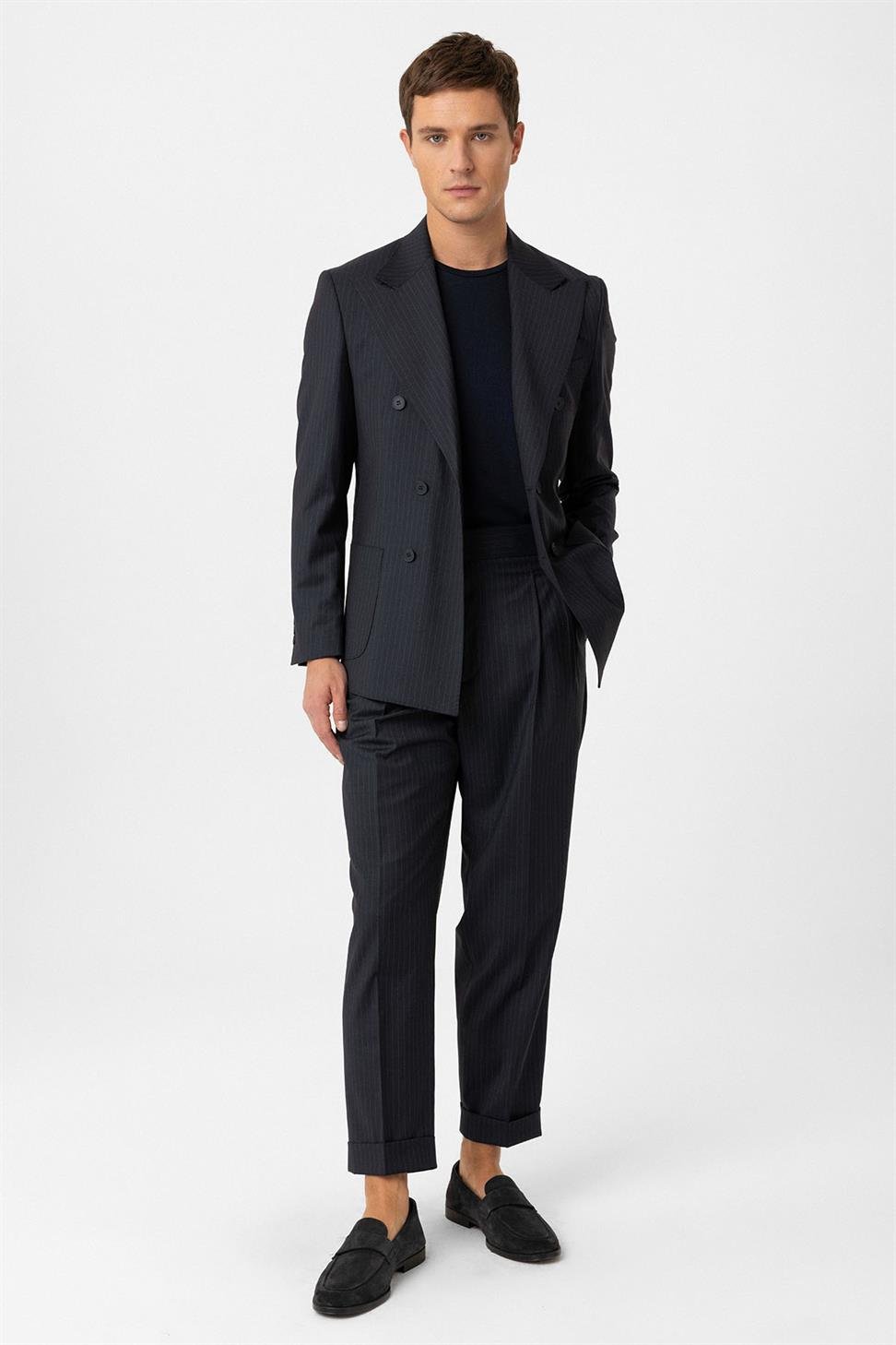 Antioch Lacivert Kruvaze Kapama İtalyan Kesim Yün Karışımlı Çizgili Erkek Teknik Takım