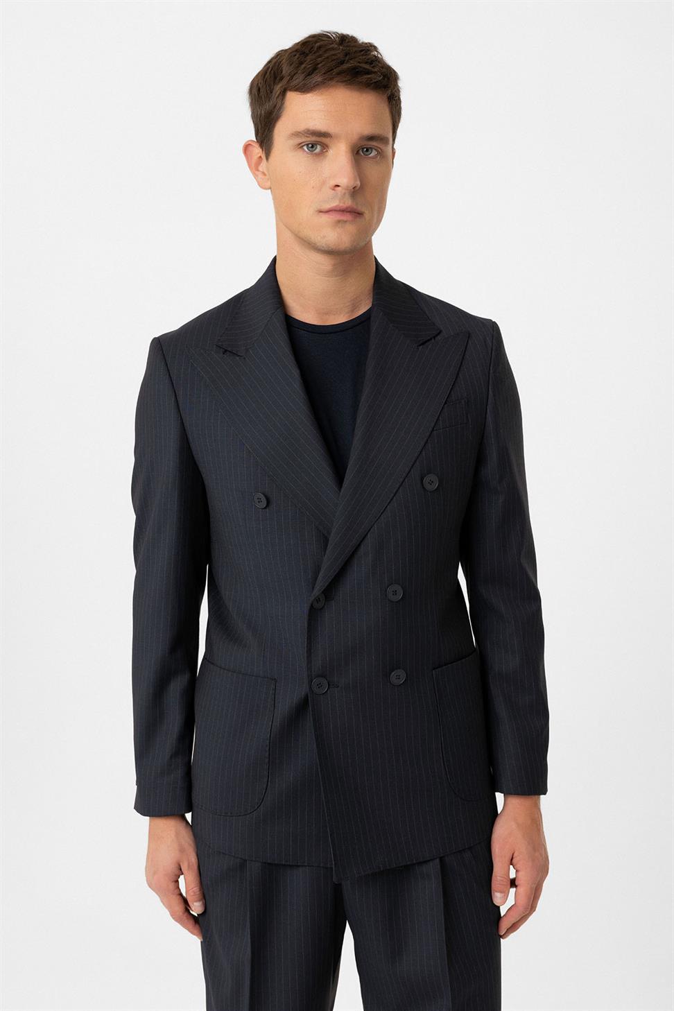 Antioch Lacivert Kruvaze Kapama İtalyan Kesim Yün Karışımlı Çizgili Erkek Teknik Takım