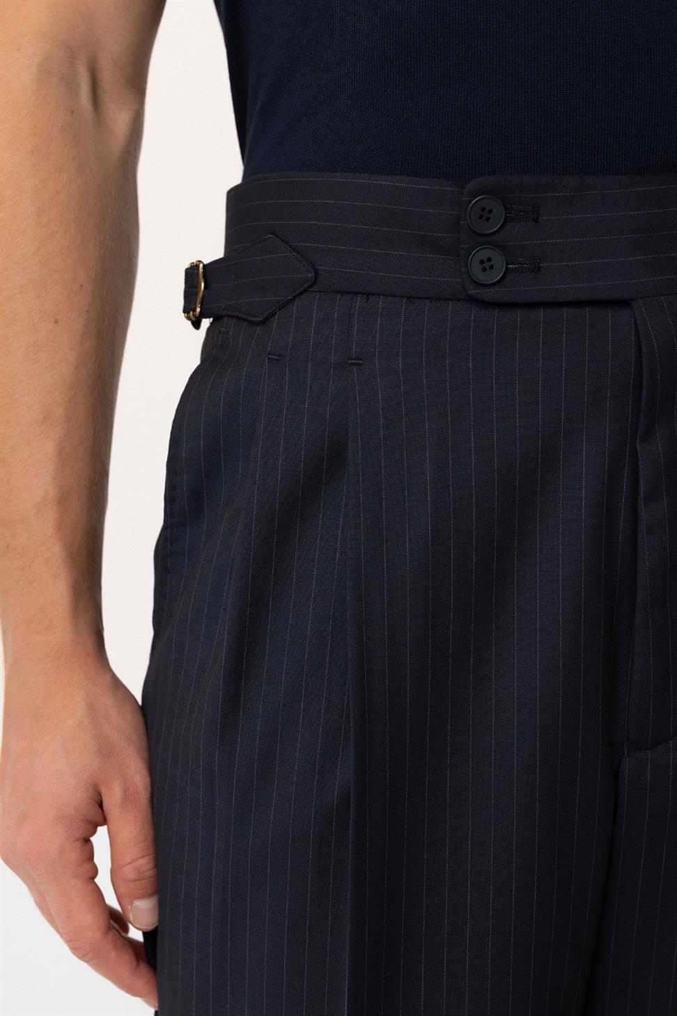 Antioch Lacivert Kruvaze Kapama İtalyan Kesim Yün Karışımlı Çizgili Erkek Teknik Takım