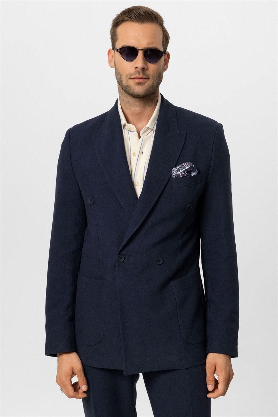 Double-breasted Closure Linen Blend Mens Blazer Jacket