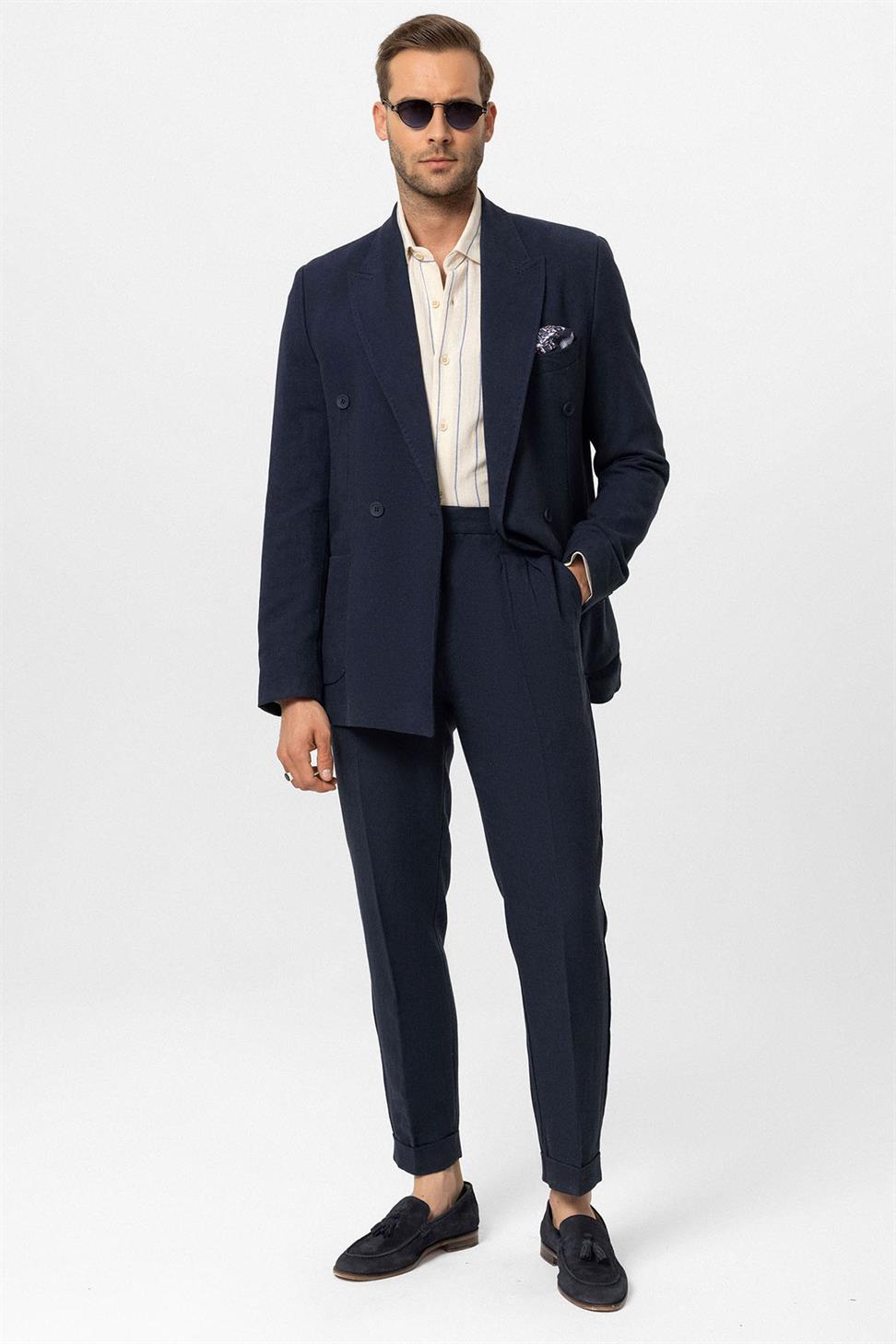 Double-breasted Closure Linen Blend Mens Blazer Jacket