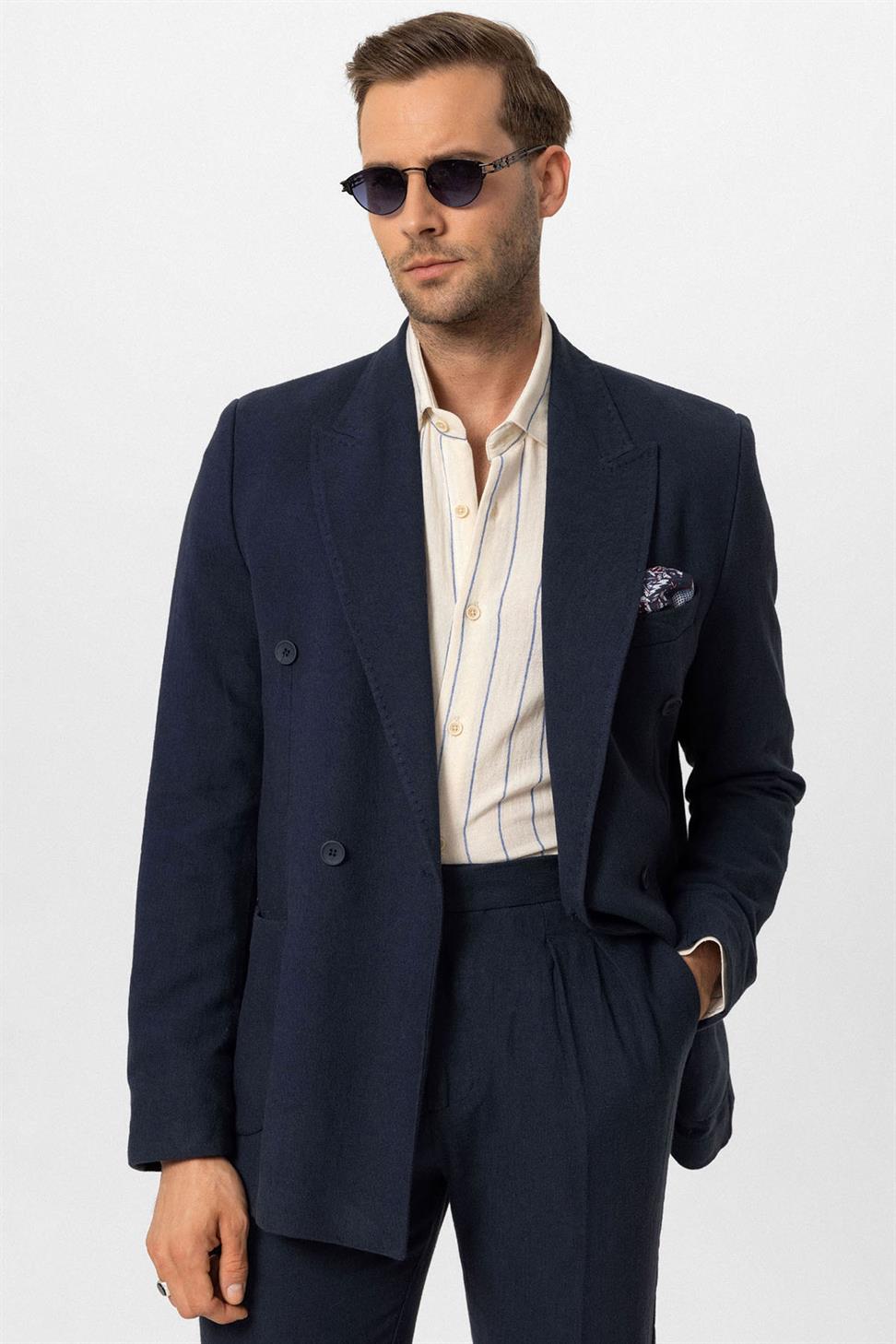 Double-breasted Closure Linen Blend Mens Blazer Jacket