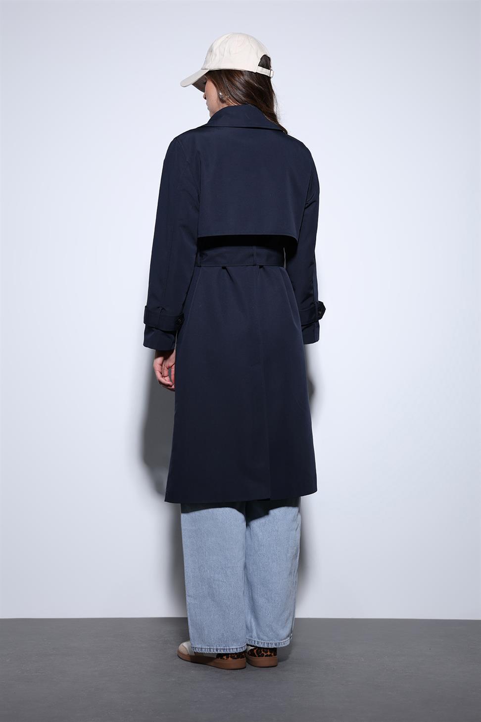 Antioch Lacivert Kruvaze Kemerli Kadın Trençkot