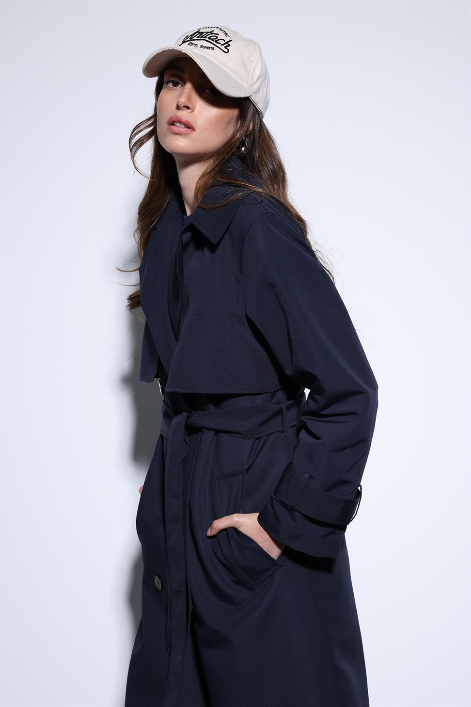 Antioch Lacivert Kruvaze Kemerli Kadın Trençkot