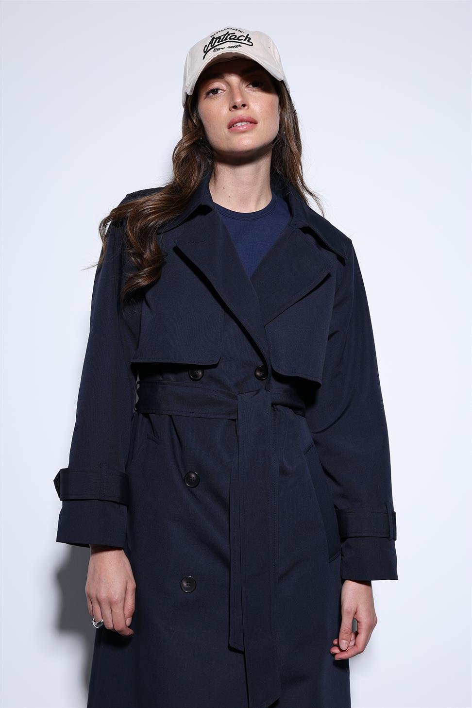 Antioch Lacivert Kruvaze Kemerli Kadın Trençkot