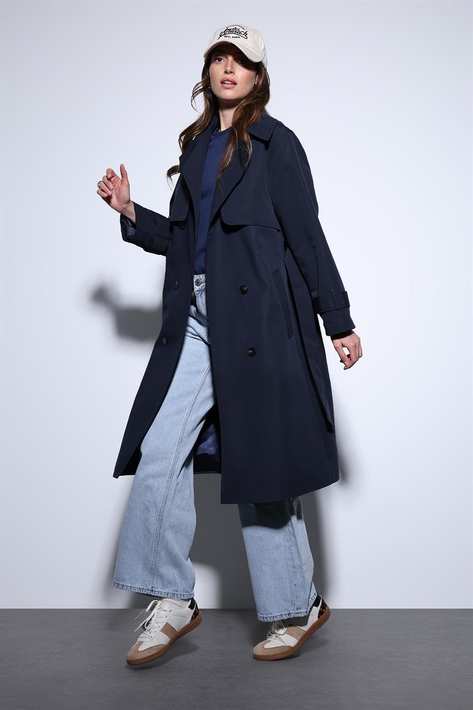 Antioch Lacivert Kruvaze Kemerli Kadın Trençkot