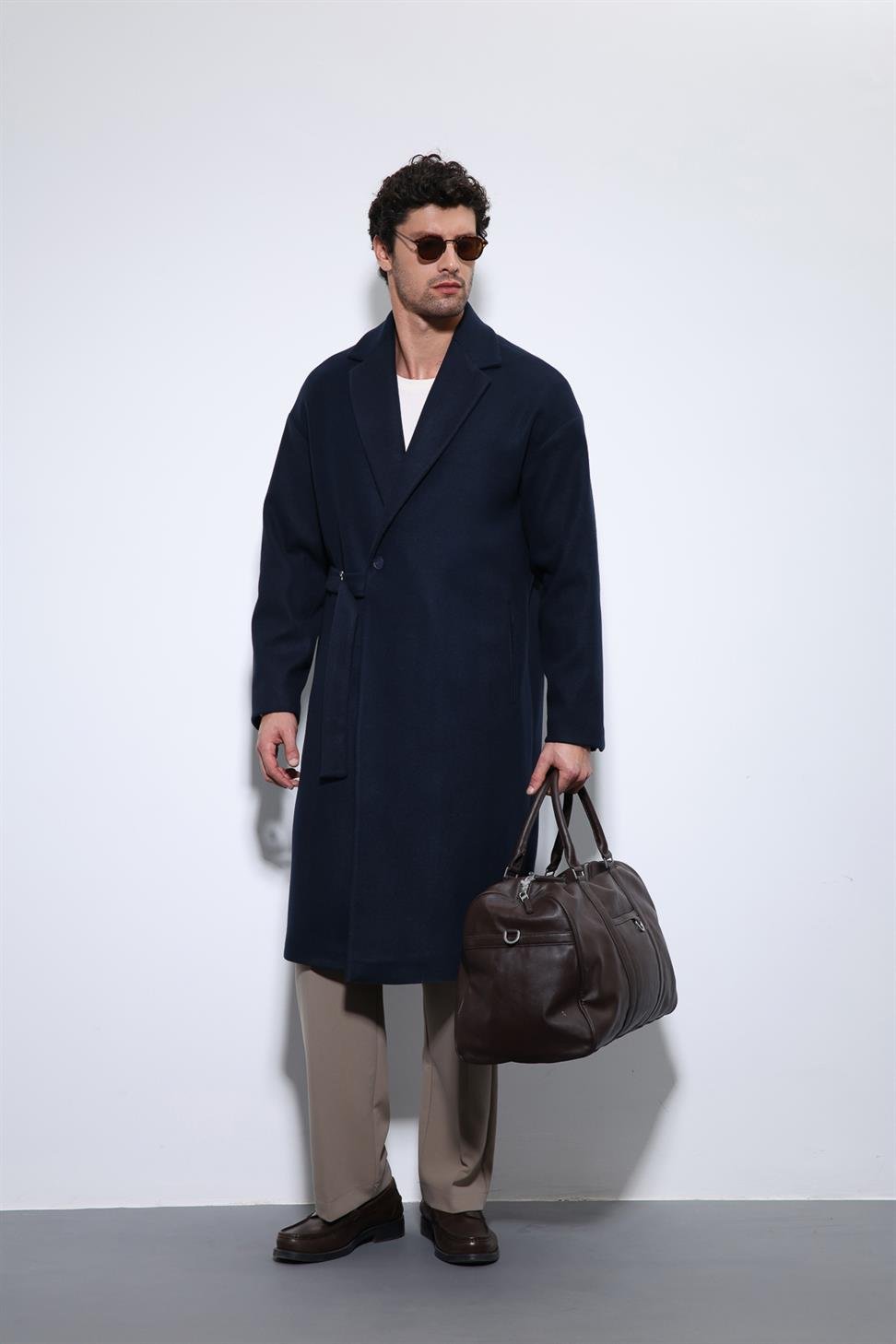 Antioch Lacivert Kuşaklı Oversize Erkek Kaban