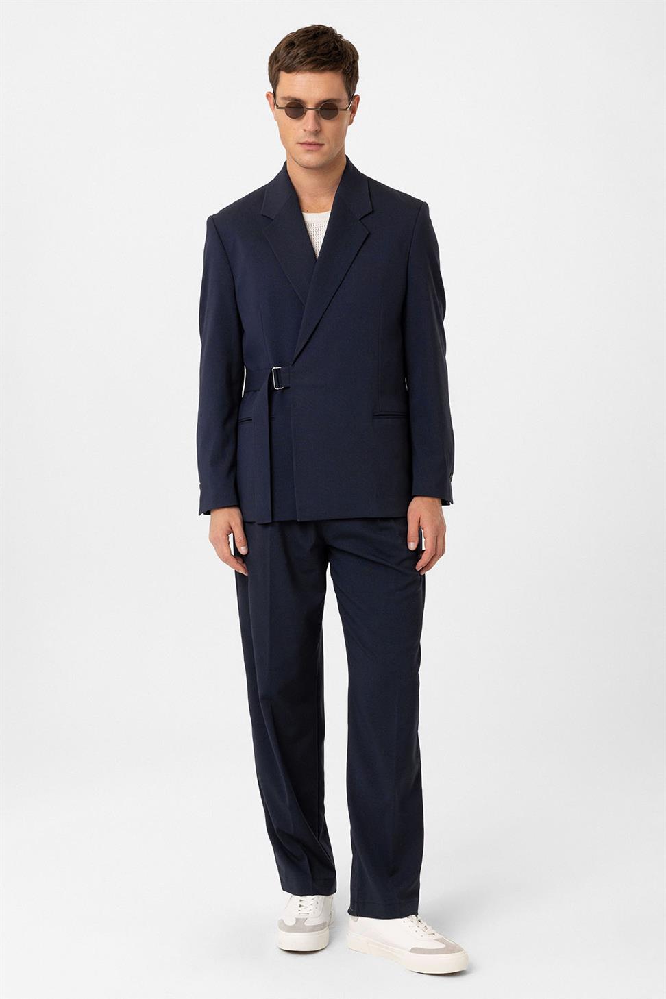 Antioch Lacivert Kuşaklı Relax Fit Erkek Blazer Ceket