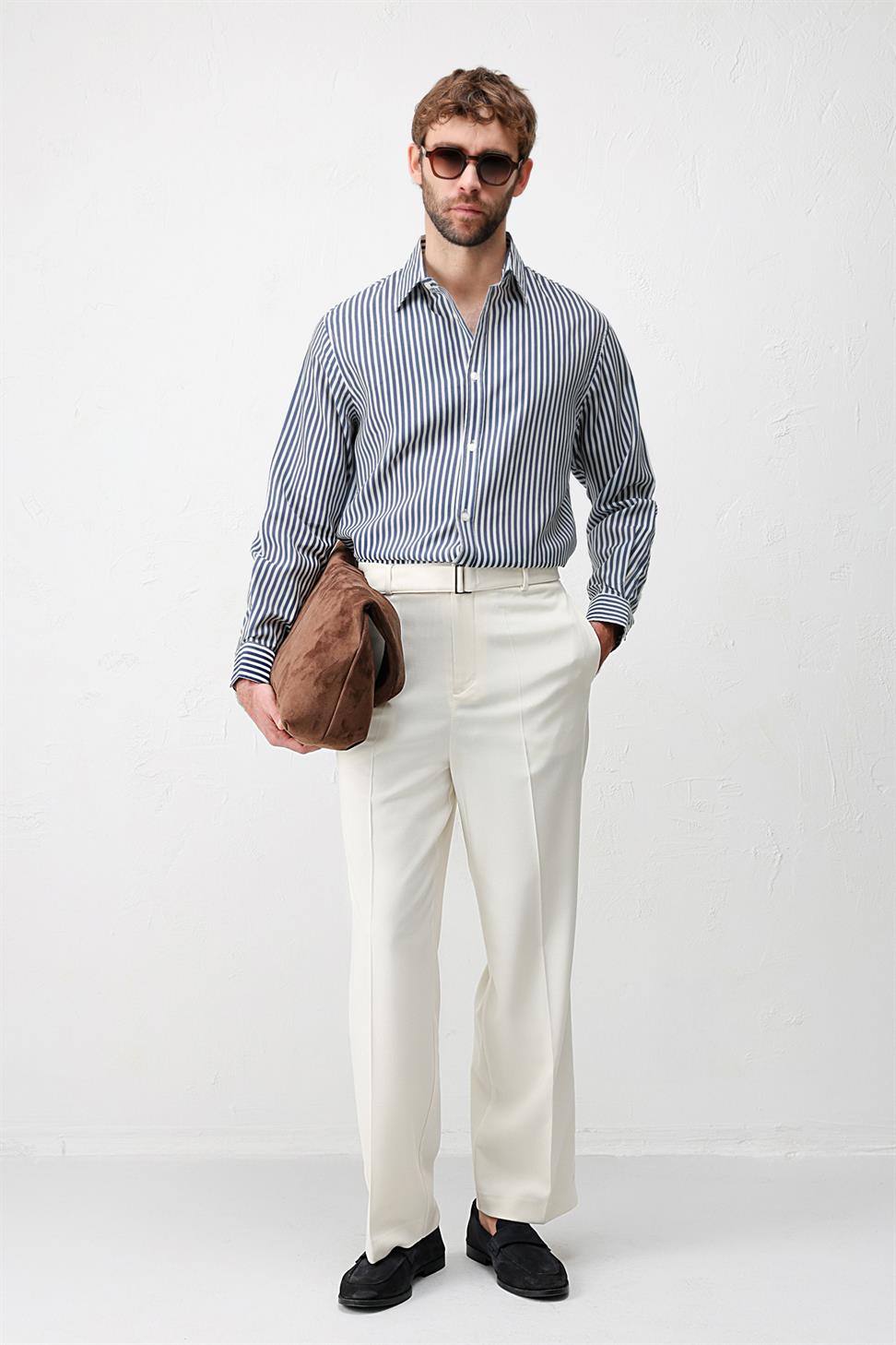 قميص رجالي مريح بخطوط من مزيج ليوسيل