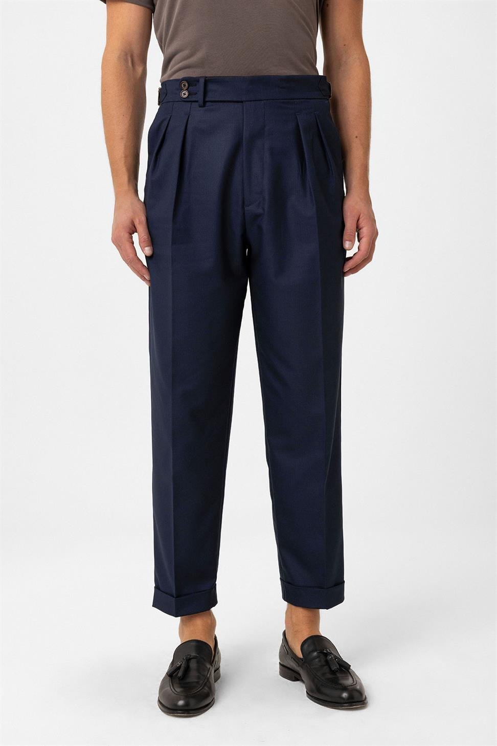 Antioch Lacivert Pileli Yüksek Bel Erkek Pantolon