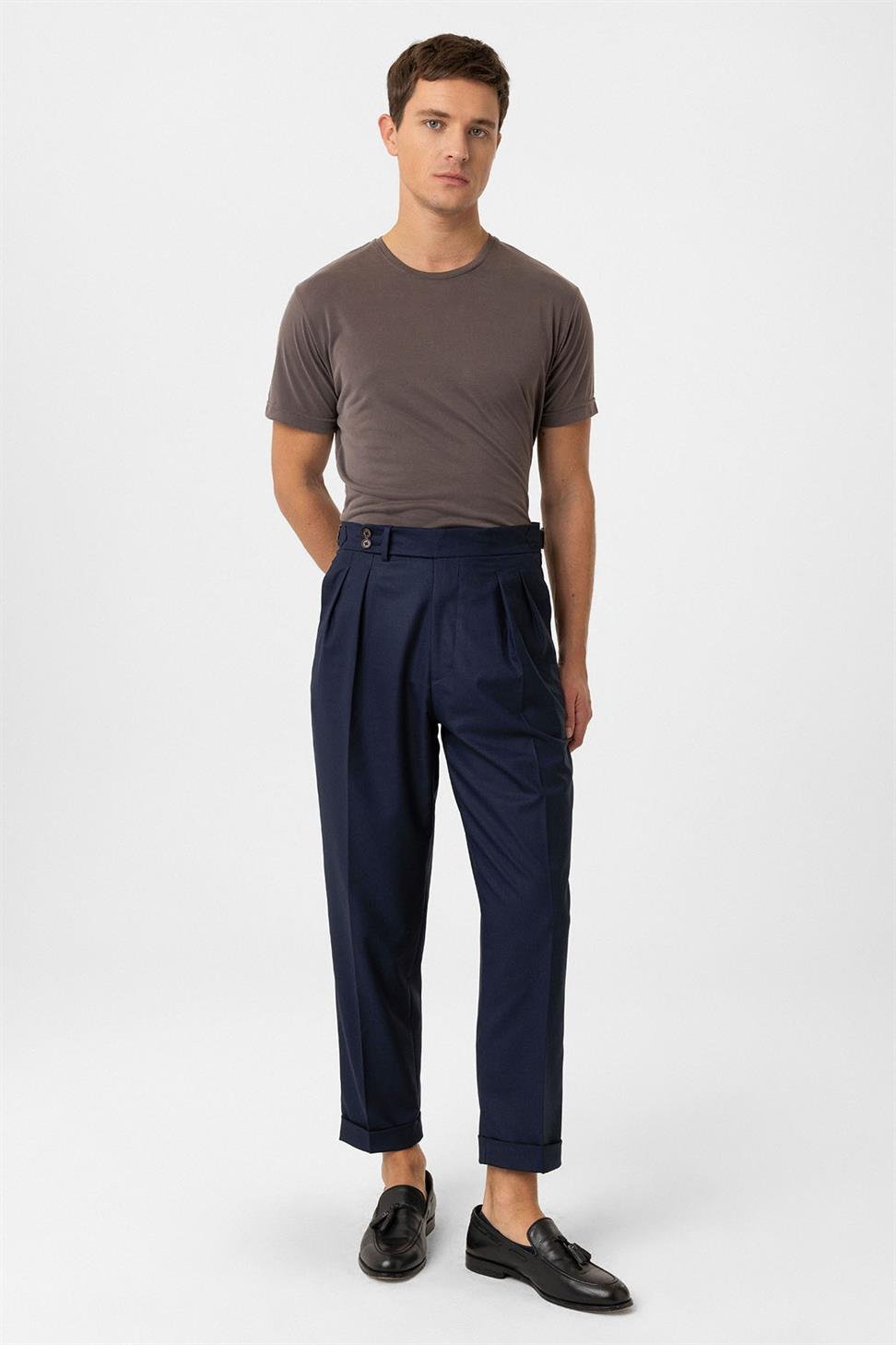 Antioch Lacivert Pileli Yüksek Bel Erkek Pantolon
